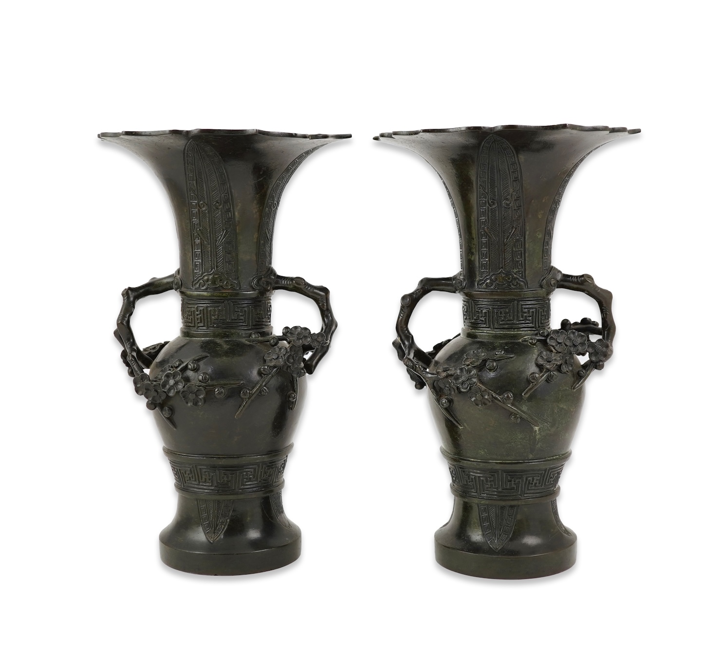 A pair of Chinese bronze gu-shaped vases, Qing dynasty